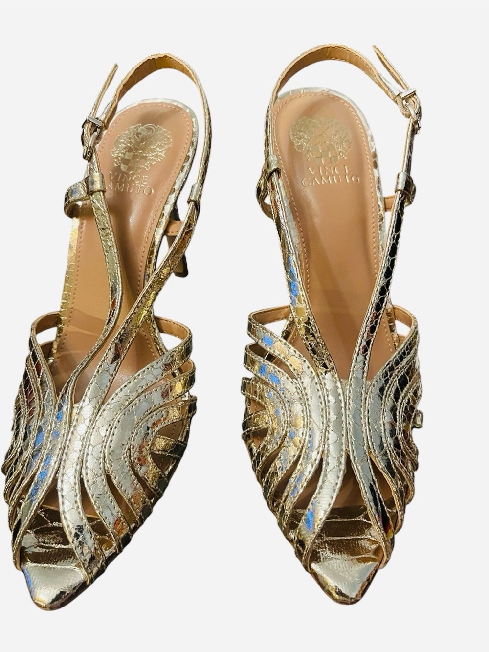 VINCE CAMUTO HANNIE CAGED TOE SANDALS SLINGBACK PEEP TOE GOLD METALLIC SIZE 6.5M - Picture 8 of 15